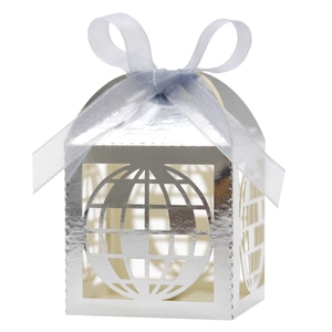 Elegant silver laser-cut globe candy box with light blue ribbon for holiday parties