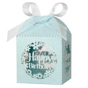 Detail of light blue gift box featuring laser-cut Happy Birthday floral design and white bow
