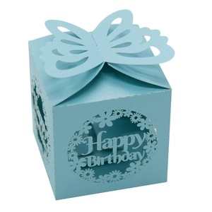 Detail of light blue gift box with laser-cut butterfly and Happy Birthday hollow design
