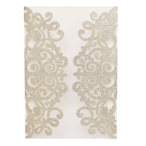 Champagne gold glitter laser cut invitation cover with elegant hollow scroll design