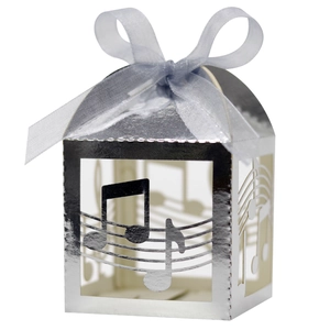 Silver musical note hollow favor box with light blue ribbon for festive candy gifts