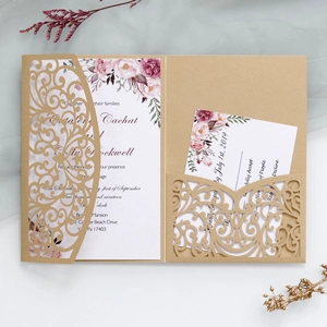 Laser cut champagne gold wedding invitation set with floral inserts and RSVP card
