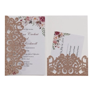 Partecipazioni matrimonio glitter taglio laser con pizzo oro rosa e fiori eleganti