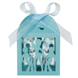 Detail of light blue disco-themed laser cut paper candy box with dancing silhouettes