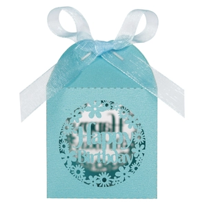 Macro view of laser-cut light blue birthday gift box with floral design and white ribbon bow