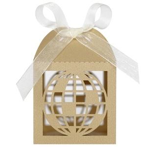 Macro shot of gold globe laser cut paper gift box with white ribbon bow decoration