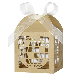 Detailed laser-cut globe pattern on golden pearlescent party favor box with white bow