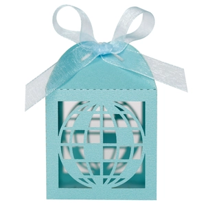 Detailed laser-cut blue earth candy box featuring a light blue organza ribbon bow