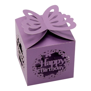 Detail of laser-cut Happy Birthday lettering and butterfly topper on purple gift box