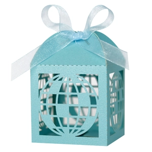 Blue hollow earth design favor box with white silk ribbon for holiday party candy storage