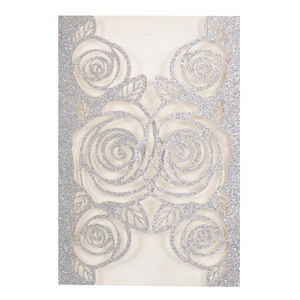 Silver laser-cut glitter wedding invitation card with intricate hollow rose patterns