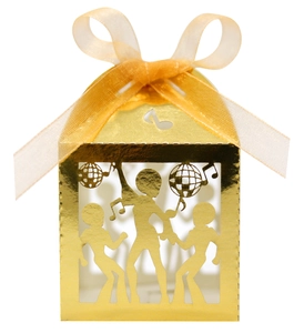 Detail of gold hollow disco gift box with music notes and orange ribbon bow