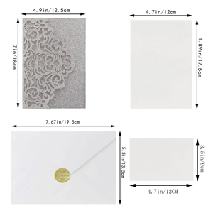 Detailed dimensions of silver glitter laser-cut wedding invitation suite components