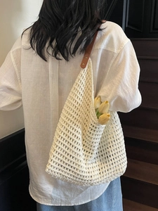 Handmade crochet hollow tote bag in cream white with premium brown leather strap