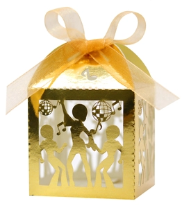 Laser-cut gold mirror gift box with disco dancers and music notes with organza ribbon