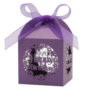 Laser-cut purple daisy candy gift box with Happy Birthday design and purple ribbon