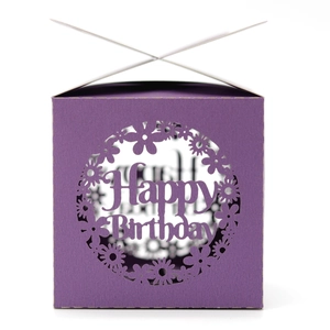 Detail of purple Happy Birthday candy box featuring laser-cut floral patterns