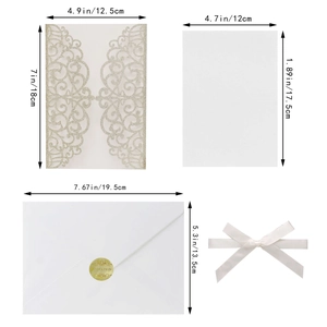 Detailed dimensions of laser-cut wedding invitation set with glitter cover and envelopes