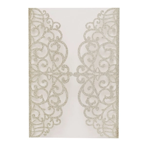 Detailed laser-cut vine patterns on champagne gold glitter invitation card cover