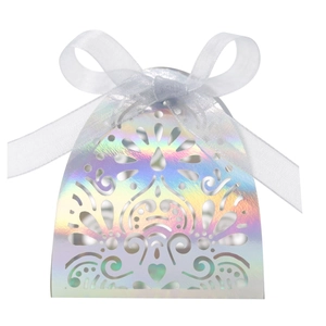 Detail of laser-cut gift box with iridescent finish and white ribbon bow on top