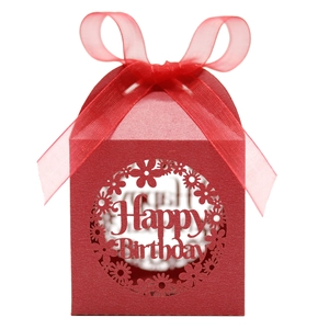 Detailed laser-cut Happy Birthday gift box with elegant red organza ribbon bow