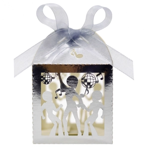 Silver mirror disco party candy box with blue ribbon bow and laser cut dance pattern