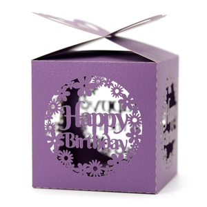 Detailed laser-cut purple paper gift box with butterfly top and Happy Birthday design