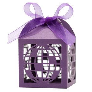 Close-up of purple laser-cut globe candy box with a matching sheer organza ribbon bow