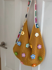 Women Large Capacity Handmade Crochet Knit Bag With 3D Floral Decoration Bohemian Hollow Out Shoulder Tote Shopping Bag Colorful Strap