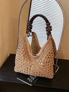 Bohemian Straw Woven Tote Bag With Wood Bead Handle For Women Large Capacity Beach Shoulder Bag Summer Vacation Handbag