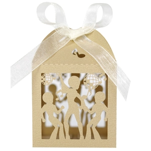 Detail of laser-cut disco themed gold gift box with ribbon and music party patterns