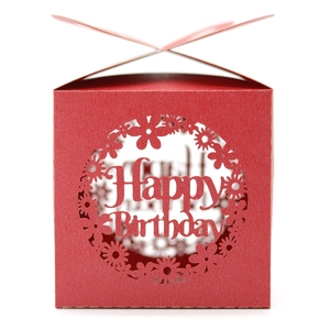 Detail of red square gift box with laser-cut Happy Birthday floral design and cross-lid closure