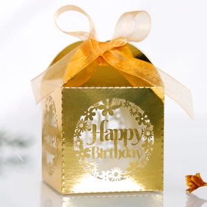 Detailed laser-cut Happy Birthday candy box with gold mirror finish and ribbon bow
