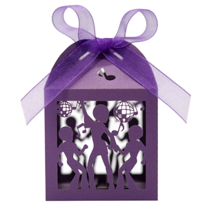 Close-up of purple laser-cut candy box featuring disco dancers and music notes with ribbon