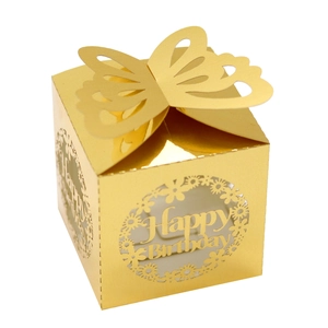 Macro detail of laser-cut Happy Birthday lettering on golden butterfly candy box
