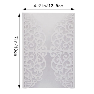 Laser-cut white wedding invitation sleeve with floral scroll design and 5x7 inch dimensions
