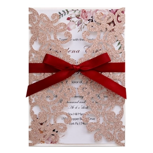 Laser Cut Wedding Invitations Glitter Paper Invitation Cards With Ribbon Bow Floral Inner Page And Envelopes For Marriage Engagement Anniversary Ceremony Banquet Elegant Party Stationery