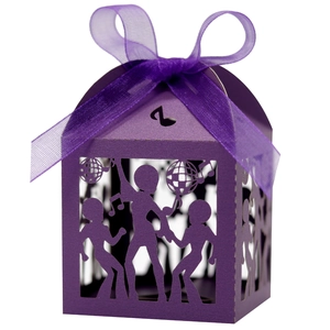 Purple laser cut disco party gift box with music notes dancing figures and purple ribbon bow