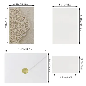 Size guide for laser cut wedding invitations showing champagne gold glitter covers and cards