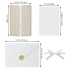 Size chart for laser-cut wedding invitations showing outer shell and envelope dimensions