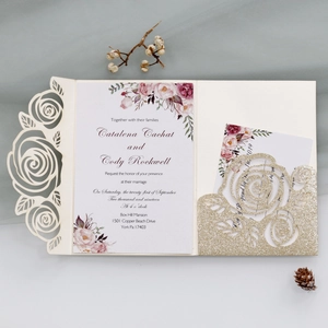 Laser cut rose hollow wedding invitation with glitter gold pocket and floral insert