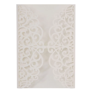 Elegant white laser-cut wedding invitation with intricate floral vine pattern design