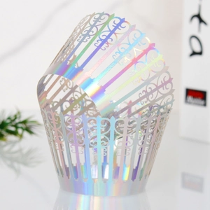 50pcs laser-cut iridescent silver crown cake wrappers with metallic rainbow finish