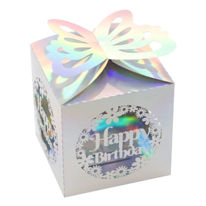 Detailed laser-cut butterfly seal and Happy Birthday hollow design on iridescent gift box