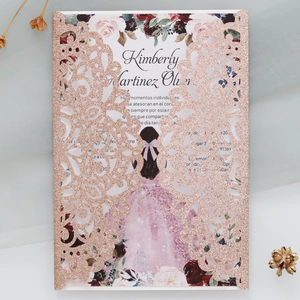 Detailed laser-cut rose gold glitter wedding invitation with floral girl illustration