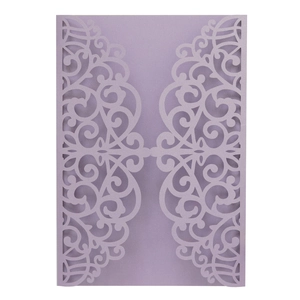 Lavender purple laser-cut wedding invitation with elegant floral vine hollow design