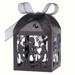 Disco theme laser cut gift box with black ribbon and dancers musical notes silhouettes