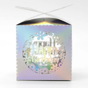 Detailed laser cut iridescent candy box with Happy Birthday floral wreath design