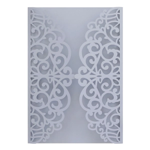 Lilac laser-cut wedding invitation pocket with elegant pearlescent floral lace pattern