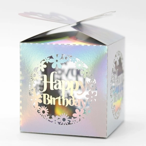 Macro detail of laser-cut Happy Birthday hollow pattern on holographic candy box